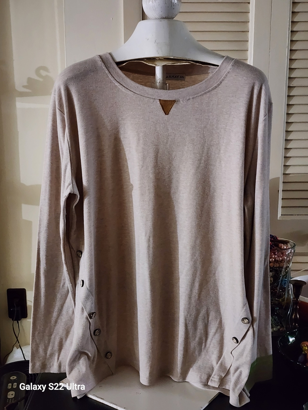 Lightweight Taupe Crewneck Top with Side Button Detail